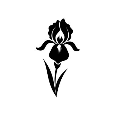 Bir iris çiçeğinin çarpıcı siyah silueti, narin yapraklarını ve zarif biçimini temiz bir arkaplanda sergiliyor..