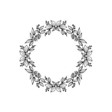 Karmaşık yaprak ve böğürtlen detaylarıyla şık siyah-beyaz botanik çerçeve, davetiyeler veya dekoratif unsurlar için mükemmel.