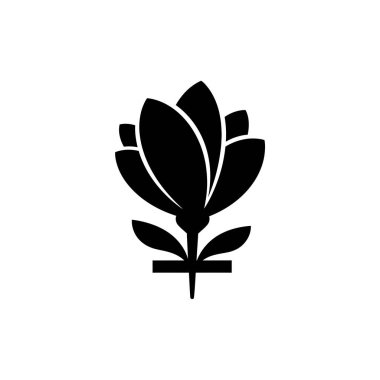 Çiçek açan minimalist siyah bir siluet belirgin yapraklar ve bir gövde ile, temiz beyaz bir arka plan üzerine kurulmuş.