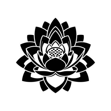 Bir nilüfer çiçeğinin minimalist siyah ve beyaz çizimi, karmaşık taç yapraklarını ve merkezi stamen 'ini simetrik bir dizaynla sergiliyor..
