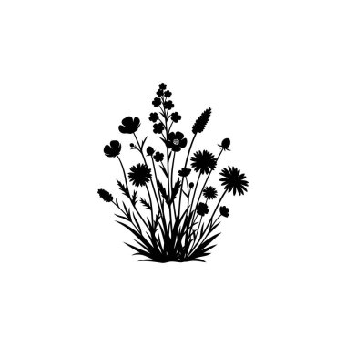 Çeşitli kır çiçekleri ve otlardan oluşan minimalist siyah bir siluet doğal ve zarif bir botanik tasarım yaratıyor..