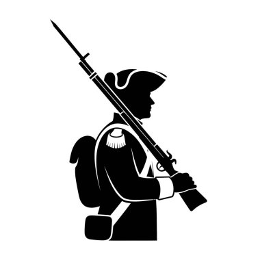 Siyahi bir Amerikan Devrim Savaşı askerinin silüeti profilinde. Omzunda tarihi askeri kıyafetleri tasvir eden bir tüfek taşıyor..