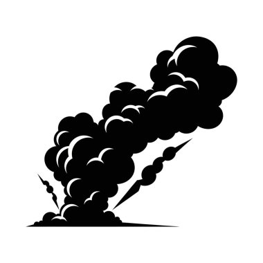 Beyaz arka planda izole edilmiş, patlama veya darbeden yükselen siyah duman bulutu, vektör grafik.