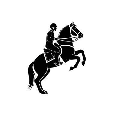 Binicinin dinamik siyah silueti at üstünde yükselen, binicilik sporu ve gücünü gösteren.