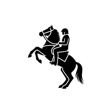 Binicinin dinamik siyah silueti at üstünde yükselen, gücünü ve binicilik yeteneğini gösteren.
