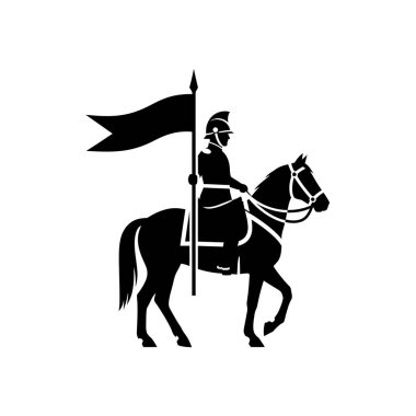 Zırhlı bir şövalyenin silueti at sürüyor ve direğin üzerinde bayrak taşıyor.