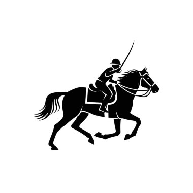 Dörtnala koşan bir yarış atının silüeti elinde kırbaç, dinamik bir yan profil ile tasvir edilmiş..