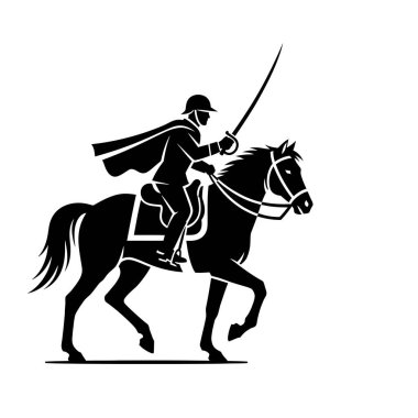 Üniformalı bir süvari askerinin çarpıcı siyah silueti, bir ata biniyor ve elinde bir kılıç tutuyor, dinamik ve kahramanca bir pozla tasvir ediliyor..