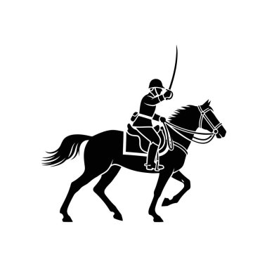 Süvari birliğinin siyah silueti at sürüyor, elinde kılıç, dinamik bir pozla tasvir edilmiş..