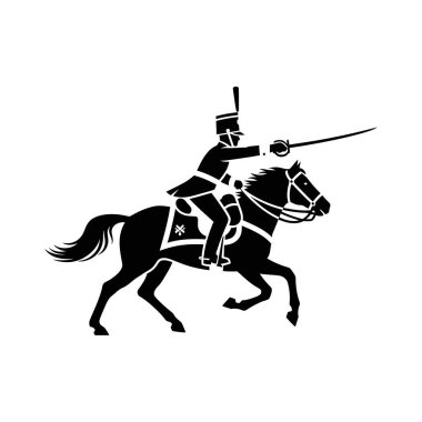 Üniformalı bir süvari askerinin silueti at sürüyor ve elinde dinamik bir pozla tasvir edilmiş bir kılıç taşıyor..