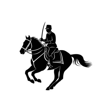 Üniformalı bir süvari askerinin çarpıcı siyah silueti, dörtnala giden bir ata biniyor ve beyaz bir arka planda bir kılıcı havada tutuyor..