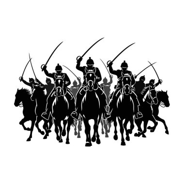 Bir grup eski süvari savaşçısının güçlü silueti at sırtında kılıçlarını sallayarak savaşa hazırlar..