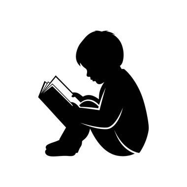 Beyaz bir arkaplanda tasvir edilmiş bir kitap okumaya dalmış siyah bir çocuk silueti..