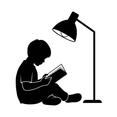 Oturan ve bir lambanın ışığı altında kitap okuyan bir çocuğun silüeti, sessiz çalışma ya da yatmadan önce.