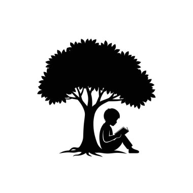 Kitaplara gömülmüş minimalist bir çocuk silueti. Büyük, yapraklı bir ağacın gölgesinde huzur içinde oturuyor..