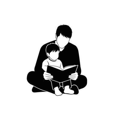 Oturup kitap okuyan, aile bağlarını ve eğitimini tasvir eden bir baba ve oğul silueti.