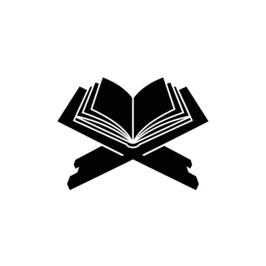 Beyaz arka planda izole edilmiş, geleneksel ahşap bir standın üzerinde duran açık kutsal bir kitabın siyah silueti..