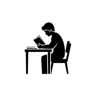 Simsiyah bir siluet, yanında başka bir kitapla bir masada otururken kitap okumaya kendini kaptırmış bir kişiyi tasvir eder..