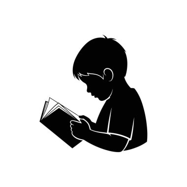 Profilde görülen siyah bir çocuk silueti, beyaz bir arkaplanda tasvir edilen bir kitabı okumaya derinden odaklanmış..