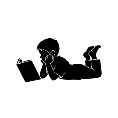 Siyah bir siluet, beyaz bir arka plana karşı, bir kitap okumaya dalmış, karnının üzerine uzanmış bir çocuk..