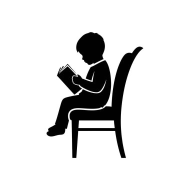 Beyaz bir arka planda tasvir edilmiş, bir sandalyede otururken okumaya dalmış siyah bir çocuk silueti..