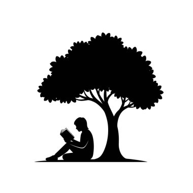 Siyah bir siluet, büyük, yapraklı bir ağacın gölgesinde oturan ve bir kitaba sarılmış bir kişiyi tasvir eder..
