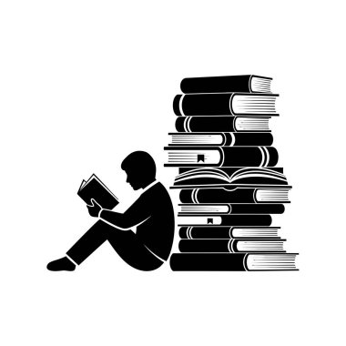 Bir insan yerde oturuyor, bir kitaba dalmış, yanında uzun bir kitap yığını ile, bilgiyi ve öğrenmeyi simgeliyor..