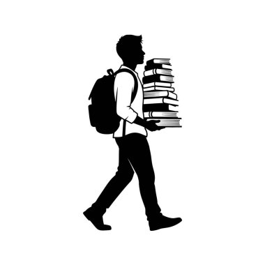 Silüet içinde bir öğrenci, bir yığın kitap taşırken ve sırt çantası takarken, eğitimi ve öğrenmeyi sembolize ediyor..