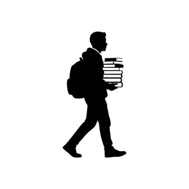 Bir elinde bir yığın kitap taşıyan ve beyaz bir arka plana karşı sırt çantası takan bir öğrencinin silüeti..