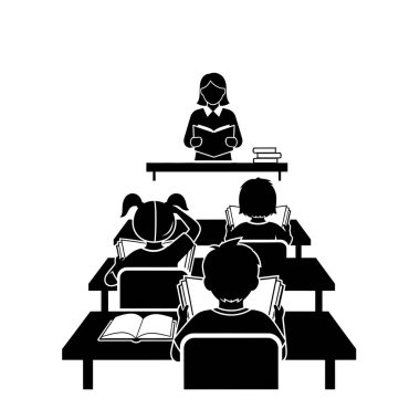 Bir öğretmen sınıf ortamında öğrencilere ders verir, çocuklar sıralarda oturur, okuma ve eğitim ile meşguldür..