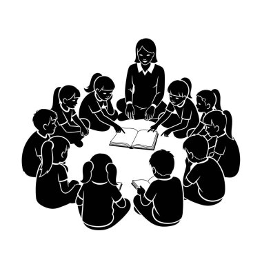 Bir grup çocuğu hikaye anlatma oturumuna dahil eden bir öğretmen, erken okuma yazma ve sosyal etkileşimi teşvik ediyor..