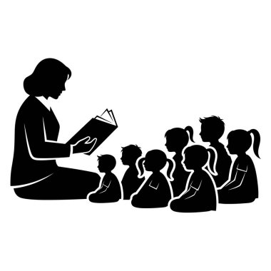Eğitimi ve hikaye anlatımını tasvir eden bir grup genç çocuğa kitap okuyan bir öğretmenin silüeti..