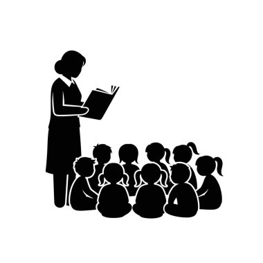 Eğitimi ve hikaye anlatımını tasvir eden bir grup genç çocuğa kitap okuyan bir öğretmenin silüeti.
