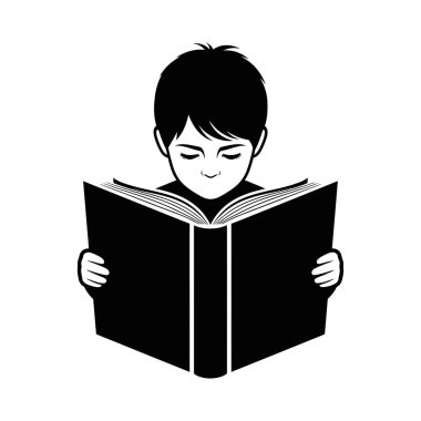 Kısa saçlı, elinde tuttuğu açık bir kitabı okumaya odaklanmış genç bir çocuğun basit, temiz, siyah ve beyaz bir çizimi..