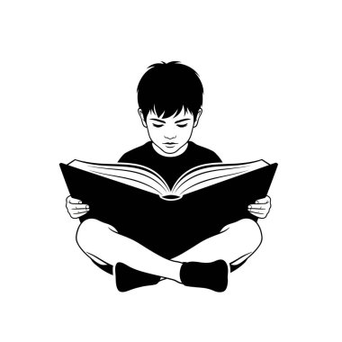 Bacak bacak üstüne atmış, açık bir kitap okumaya odaklanmış genç bir çocuğun siyah beyaz bir çizimi..
