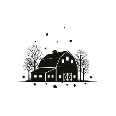 Ağaçlı bir ahırın basit siyah beyaz çizimi