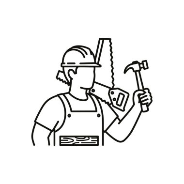 Elinde aletler tutan kasklı bir adam.