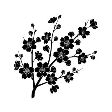 Çiçekleri ve tomurcukları monokromda olan çiçek açan kiraz ağacının stilize bir illüstrasyonu