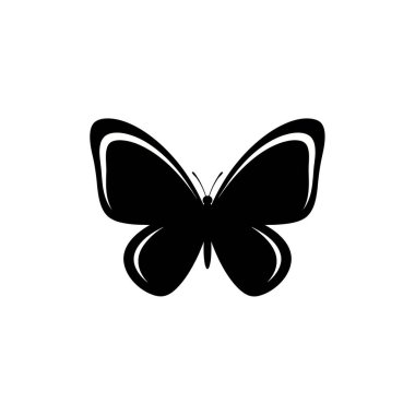 Beyaz bir kenarı olan, doğayı ve zarafeti temsil eden, beyaz bir zemin üzerinde izole edilmiş, minimalist bir siyah kelebek ikonu..