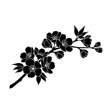 Kiraz çiçeği dalının minimalist siyah silueti narin çiçekler ve yapraklar sergiliyor. Zarif tasarımlar için ideal..