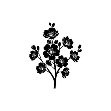 Minimalist siyah bir siluet. Beyaz bir arka planda, birden fazla çiçek açan bir kiraz çiçeği dalı..