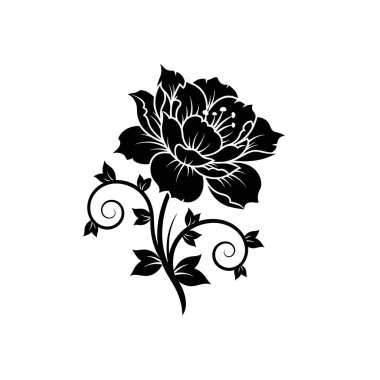 Çarpıcı siyah beyaz bir çiçek silueti. Karmaşık taç yaprakları ve sarmaşık dalları. Dekoratif amaçlar için mükemmel..