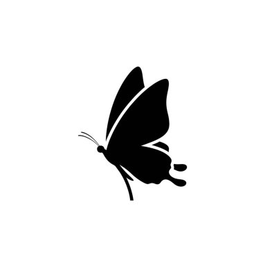 Uçan bir kelebeğin çarpıcı siyah silueti, temiz beyaz bir arkaplanda yan profilden yakalanmış..