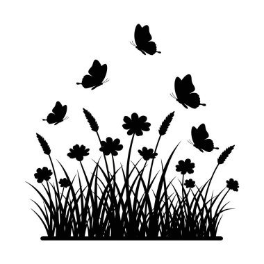 Çiçekler ve uzun otlarla dolu canlı bir çayırın üzerinde süzülen kelebekleri gösteren siyah bir siluet çizimi..