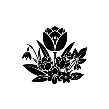 İçinde laleler, kardamlaları ve kruvazörlerin bulunduğu bir buket bahar çiçeğinin siyah beyaz çizimi..