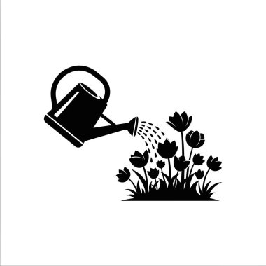 Siyah bir sulama silueti, beyaz bir arka planda izole bir çiçek tarlasına su dökebilir..