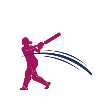 A vibrant pink silhouette of a female cricket player in action, mid-swing with a bat, against a clean white background with dynamic blue and black lines indicating motion.