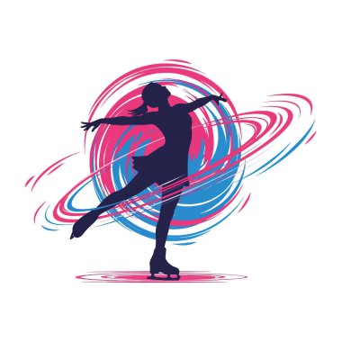 Hareketi ve zarafeti sembolize eden hareketli pembe ve mavi çizgilerin canlı arkaplanına karşı zarif bir poz veren bir artistik patinajcının dinamik silüeti..
