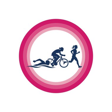 Bir yüzücü, bir bisikletçi ve bir koşucunun yer aldığı bir triatlon etkinliği, hepsi dinamik ve aktif bir kompozisyonda resmedilmiş..