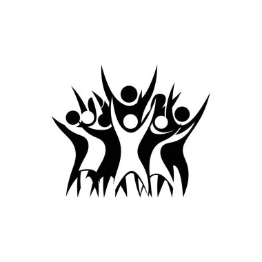 Kollarını kaldırmış, kutlamaları, toplulukları ve başarıları sembolize eden çeşitli bireyleri tasvir eden siyah beyaz bir tasvir..